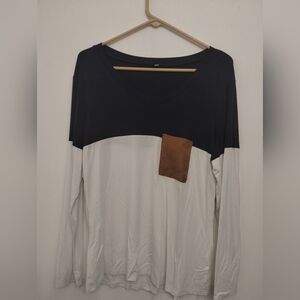 Women's Navy Blue and White Long Sleeve Top with Brown Pocket